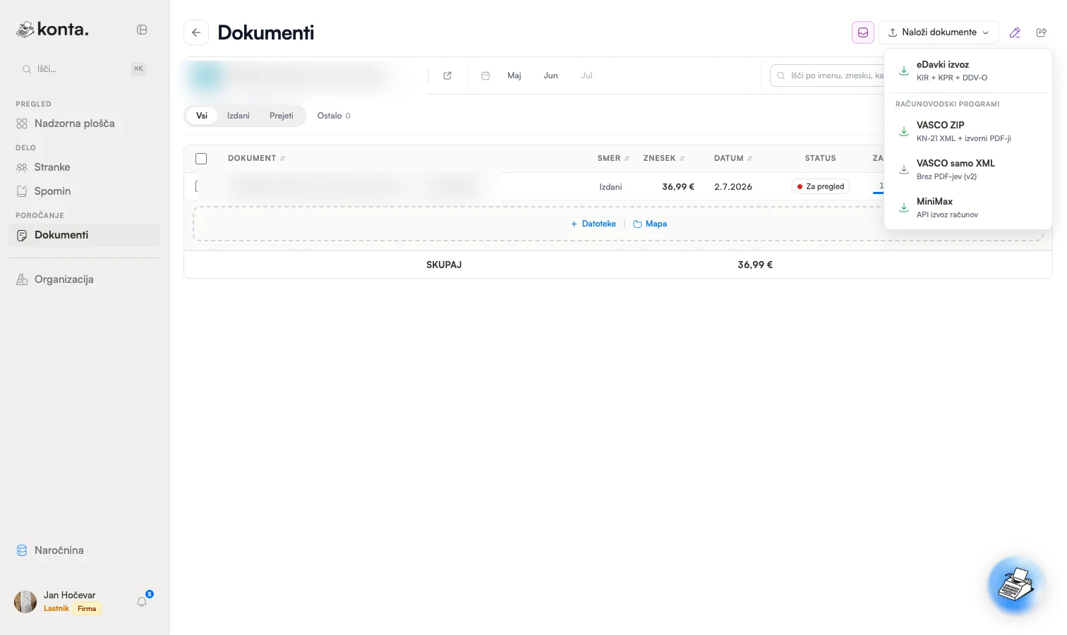 Izvozni meni v Konti: eDavki (KIR + KPR + DDV-O), VASCO ZIP in XML ter MiniMax.